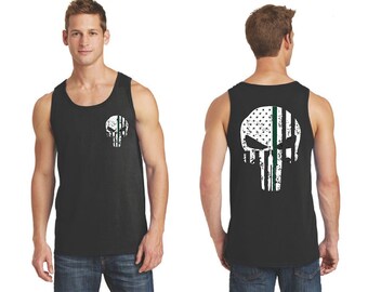 Thin GREEN Line Punisher Skull Tattered American Flag Military and Federal Agent Gift Shirt Tank Top- FREE SHIPPING