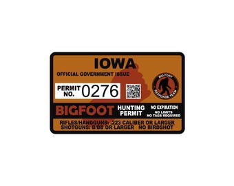 Iowa IA Bigfoot Hunting Permit Sticker Self Adhesive Vinyl usa united states Sasquatch