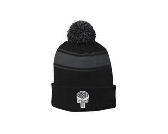 Tactical Subdued Tattered Punisher Skull American Flag Military Law Enforcement Police Fold Over Winter Watch Pom Pom Hat