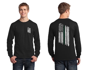 Thin Green Line Tattered American Flag Military and Federal Agent Long Sleeve Shirt - FREE SHIPPING