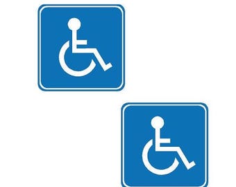 May include: Two blue square signs with white borders and a white wheelchair accessibility symbol. The symbol depicts a person sitting in a wheelchair.