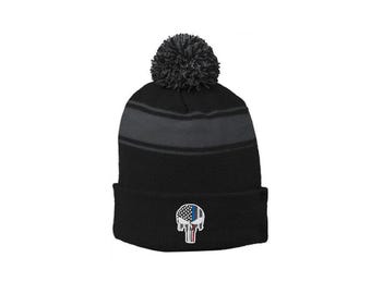Thin Blue Red Line Punisher Skull Tattered American Flag Police Officer Military Adjustable Fold Over Winter Watch Pom Pom Hat Color Choice