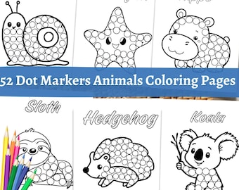 Pode incluir: 52 páginas para colorir de animais em preto e branco com marcadores de pontos. Os animais incluem um caracol, uma estrela do mar, um hipopótamo, um bicho-preguiça, um ouriço e um coala.