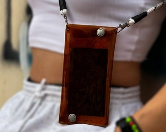 Brown Jellyphone, Bag For Woman, Slim Bag, Over Night Bag, Horizontal Bag, Colorful Bag, Gift For Girlfriend, PVC Bag, Transparent Bag, Gift