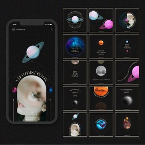 May include: A phone screen displaying a collage of images with planets and text. The text includes phrases like "Life is a mystery" and "The Earth doesn't care if you're pretty".