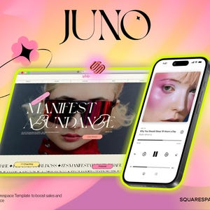 Puede incluir: Gráfico de marketing digital con la palabra "JUNO" en la parte superior. Se muestran una computadora portátil y un teléfono inteligente, que muestran un sitio web y un podcast. El sitio web presenta el texto "MANIFEST ABUNDANCE". El fondo es un degradado de rosa y amarillo.