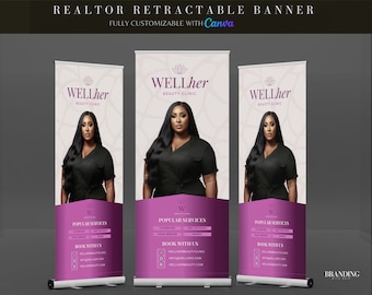 Könnte beinhalten: Drei einziehbare Banner für eine Schönheitsklinik namens "WELLher". Jedes Banner zeigt ein Foto einer Frau mit dunklen Haaren und einem schwarzen Shirt, einen rosafarbenen Hintergrund mit einem geometrischen Muster und den Text "WELLher Beauty Clinic". Die Banner enthalten auch den Text "Beliebte Dienstleistungen" und "Buchen Sie bei uns" mit Kontaktinformationen.