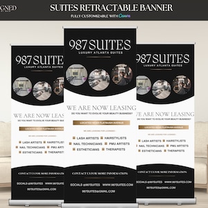 May include: Black and white banner with the text "987 Suites" and "Luxury Atlanta Suites". The banner advertises salon suites for rent and lists services offered, including lash artists, hairstylists, nail technicians, PMU artists, estheticians, and therapists. The banner also includes the text "We are now leasing. Do you want to evolve your beauty business?" and "Located near Flatbush Avenue."