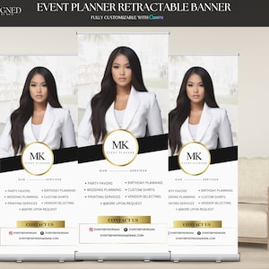 May include: A retractable banner with a black and white design featuring a woman's portrait and the text "MK Event Planner". The banner lists services offered by the event planner, including party favors, wedding planning, birthday planning, custom shirts, printing services, and vendor selecting. The banner also includes contact information for the event planner.