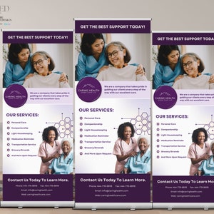 Modelo de banner retrátil para cuidados domiciliares faça você mesmo, design de banner retrátil roxo para cuidados com idosos, design de banner retrátil para eventos de cuidadores no Canva