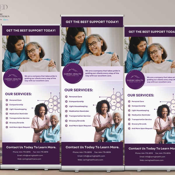 DIY Home Care Retractable Banner Template, Purple Elderly Care Roll Up Banner Design, Canva Caregiver Retractable Banner Event Design