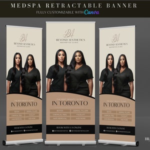 Modelo de banner retrátil faça você mesmo para Medspa, design de banner retrátil para enfermeiras injetoras, design de banner retrátil profissional para eventos de esteticistas