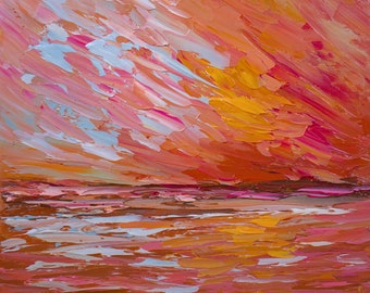 Sunrise Abstract Seascape Original Oil Painting On Canvas Board 7.5x7.5 in (19x19 cm)