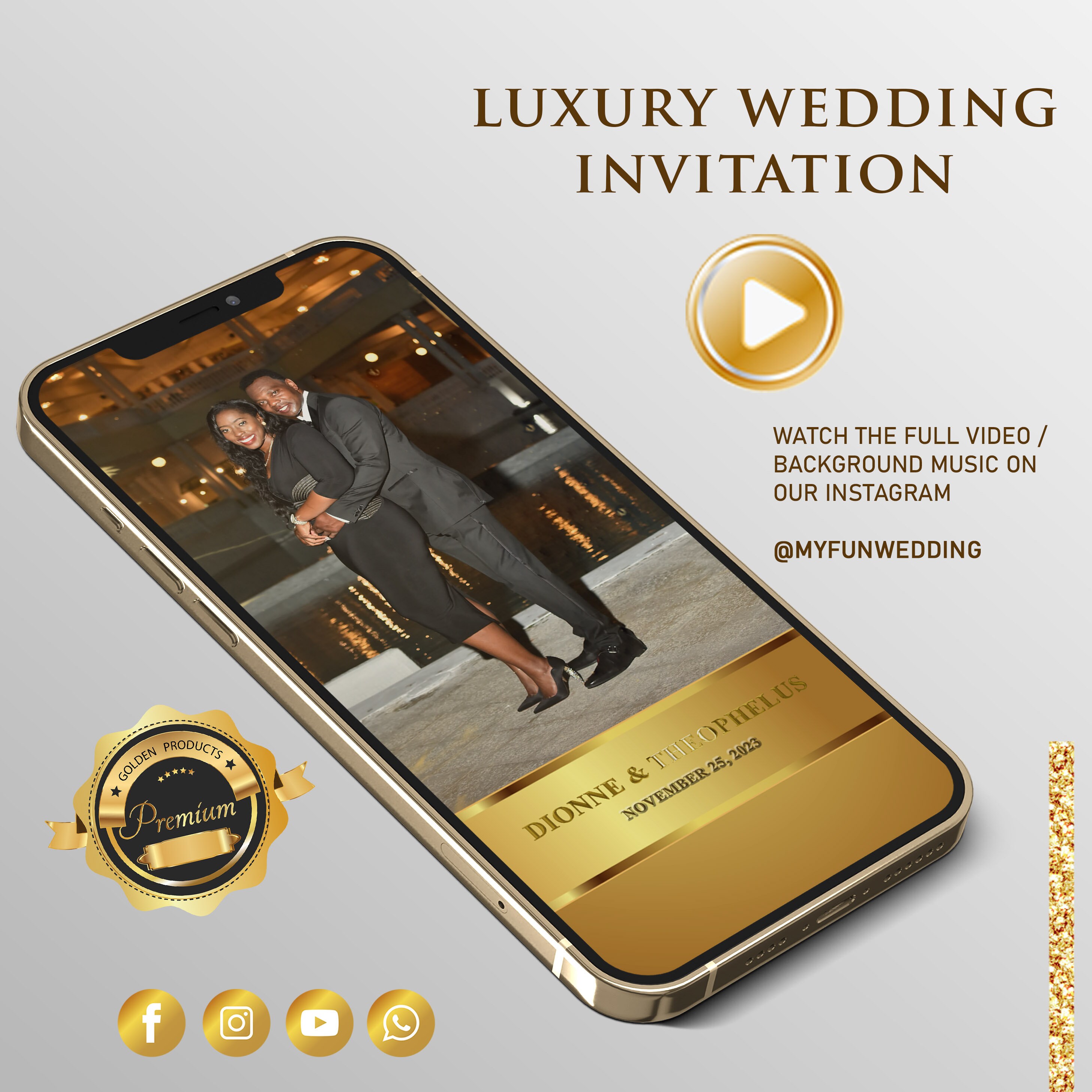Multi-Page LUXURY GOLD Wedding Video Invitation, Save The Date Animated Video Invitation, Video Evite, Wedding Card, Luxury Invitation