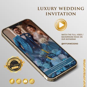 Invitación en video animada de varias páginas Luqury en azul celeste y dorado para invitación de boda electrónica o para guardar la fecha
