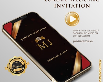 Könnte beinhalten: Ein schwarzes Smartphone-Mockup mit goldenem Rahmen zeigt eine Hochzeitseinladung mit den Initialen "MJ" und dem Datum "22. Februar 2022". Die Einladung hat ein rot-goldenes Design mit einer Krone und dem Text "Hochzeitseinladung". Das Telefon befindet sich auf einem weißen Hintergrund mit einem Play-Button-Symbol und dem Text "Sehen Sie sich das vollständige Video / die Hintergrundmusik auf unserem Instagram @myfunwedding an".