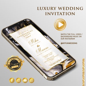 Black-White Gold Marble Wedding Video Invitation, Save The Date Animated Video Invitation