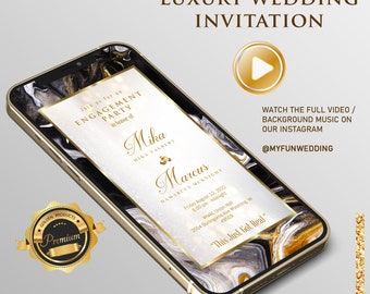 Schwarz-Weiß-Gold-Marmor-Hochzeits-Video-Einladung, Save The Date Animierte Video-Einladung