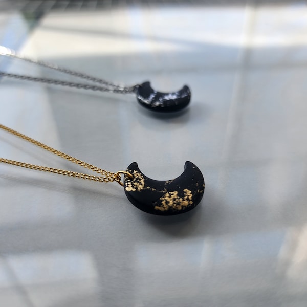 Metallic Moon Necklace - Silver or Gold with Black Marble - Polymer Clay Necklace