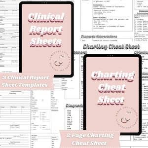 May include: Two pink digital tablets with a white background. The top tablet has the text "Clinical Report Sheets" in white text. The bottom tablet has the text "Charting Cheat Sheet" in white text. Both tablets have a stethoscope icon in the corner.