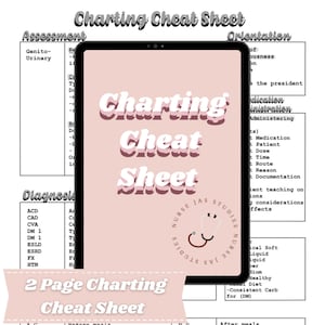 May include: A digital tablet displays a pink and white "Charting Cheat Sheet" with medical information. The sheet includes sections on assessment, diagnosis, and orientation, with the text "Nurse Jas Studies" and a stethoscope graphic.