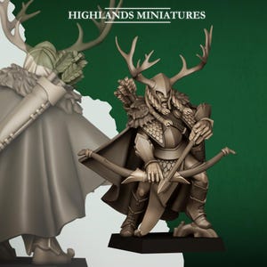 May include: A detailed miniature figure of a warrior with antlers, a helmet, and a bow and arrow. The figure is in a dynamic pose, with a cape and armour. The text "HIGHLANDS MINIATURES" is at the top of the image.