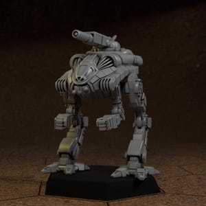 May include: A grey, 3D model of a bipedal war machine with a cannon. The robot has a detailed design with articulated legs and a cockpit-like structure. It stands on a black base, showcasing a futuristic, mechanical theme.