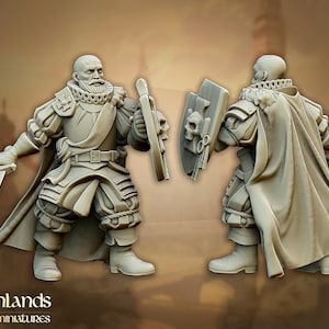 May include: Two miniature figures of a medieval warrior in a light grey colour. The warrior is holding a sword and shield with a skull design. The figures are wearing armour and a cape. The Highlands Miniatures logo is at the bottom.