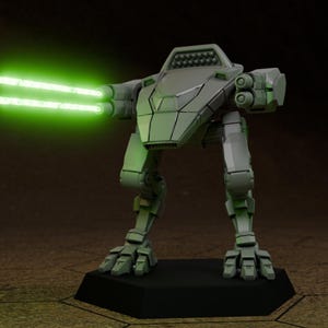 May include: A grey, futuristic robot with green laser beams extending from its arms. The robot has a detailed design with a cockpit-like structure on top and is standing on a black base. The background is a dark brown.