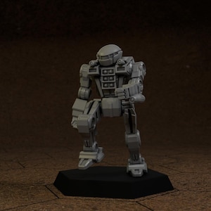 May include: A grey, articulated robot figurine with a detailed design. The robot is posed in a crouching position on a black hexagonal base. The figure has a helmet, a chest with rectangular panels, and articulated limbs.