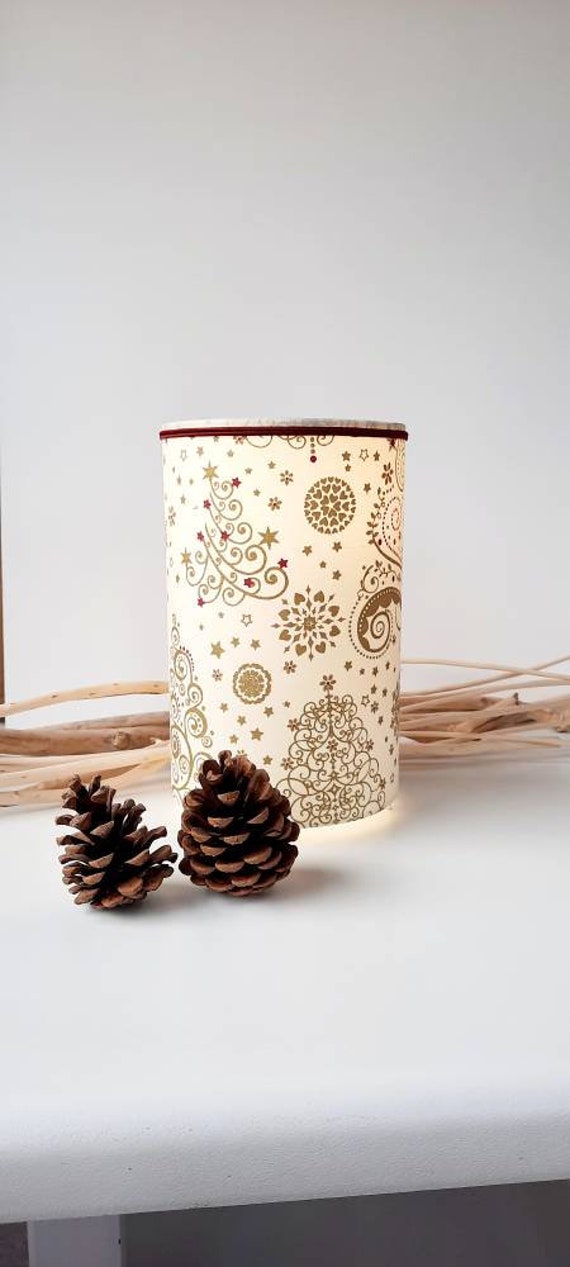 Lampe à Poser Forme Cylindrique Fabriquée en France Tissu Coton Motif Sapin et Étoiles Esprit Noel