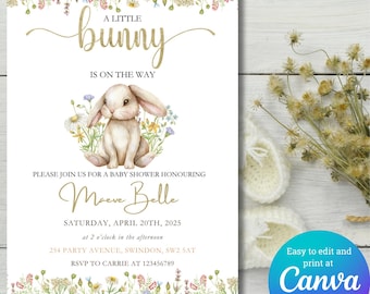 May include: A baby shower invitation with a cute bunny illustration surrounded by flowers. The invitation is for Maeve Belle and is set for Saturday, April 20th, 2025 at 2 o'clock in the afternoon. The address is 254 Party Avenue, Swindon, SW2 5AT. RSVP to Carrie at 123456789.