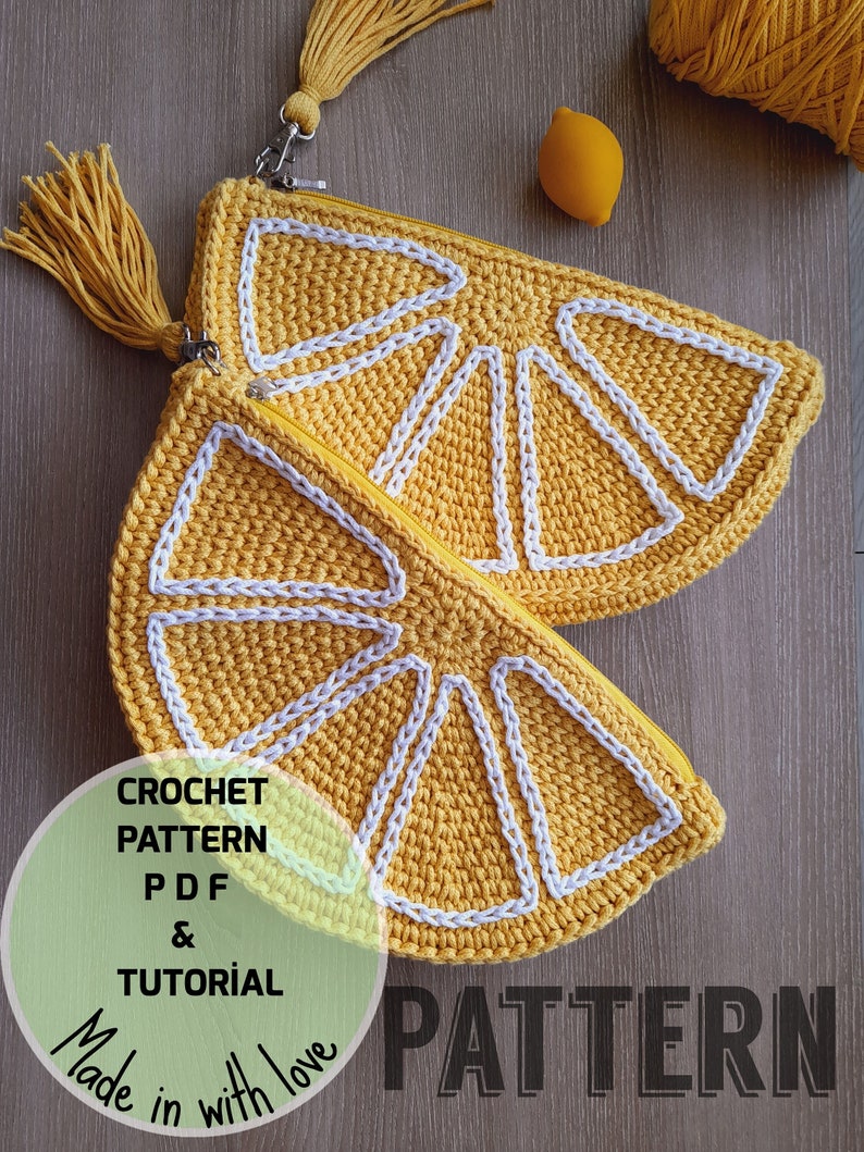 May include: Crochet pattern and tutorial for a lemon-shaped zippered pouch. The pouch is made with yellow yarn and white accents. The text "CROCHET PATTERN PDF & TUTORIAL Made with love PATTERN" is visible on the image.