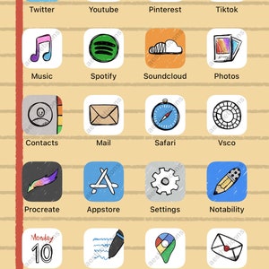 May include: A stylized drawing of an iPhone home screen with various app icons. The icons are drawn in a doodle style and include apps such as Facebook, Twitter, Snapchat, Discord, Youtube, Pinterest, Tiktok, Music, Spotify, Soundcloud, Photos, Contacts, Mail, Safari, Vsco, Procreate, Appstore, Settings, Notability, Calendar, Goodnotes, Google Maps, and Mail. The home screen also includes a calendar icon with the date 'Monday 10' and a set of four navigation dots at the bottom of the screen.