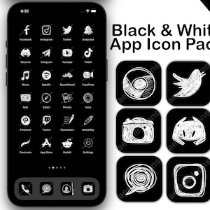 Black and White Aesthetic App Icons, iOS 16, iOS 17, iPhone, iPad, Android icons, black and white aesthetic home screen icon pack