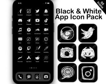 Black and White Aesthetic App Icons, iOS 16, iOS 17, iPhone, iPad, Android icons, black and white aesthetic home screen icon pack