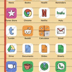May include: A stylized drawing of an iPhone home screen with various app icons. The icons are drawn in a cartoon style with a variety of colors. The icons include Maps, Weather, Clock, Wallet, News, Books, Health, Reminders, iTunes Store, Chrome, Netflix, Hulu, Tumblr, Reddit, Calculator, Gmail, Drive, Documents, Slides, Sheets, Zoom, Inscryption, Find My, and Whatsapp. The home screen also includes a phone icon, a speech bubble icon, and a video camera icon.