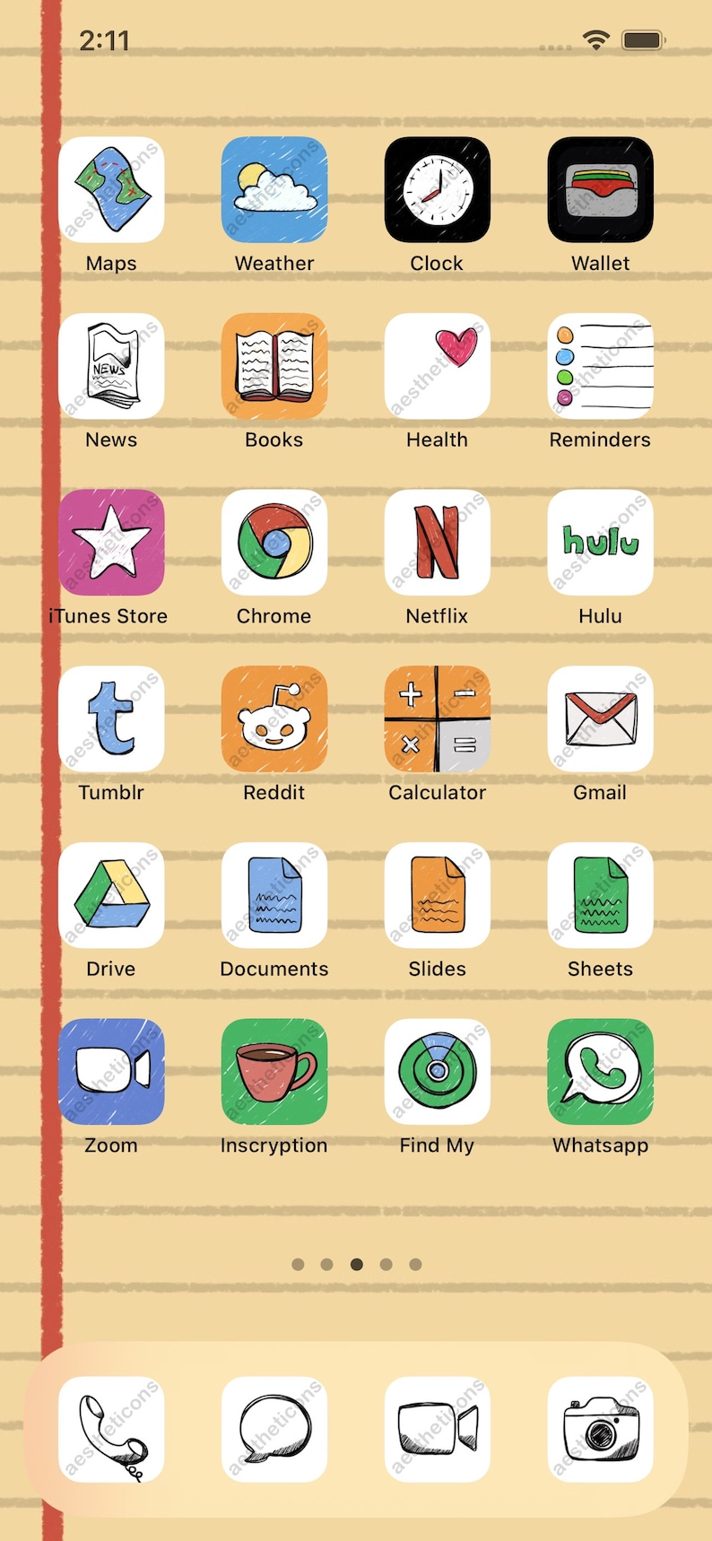 May include: A stylized drawing of an iPhone home screen with various app icons. The icons are drawn in a cartoon style with a variety of colors. The icons include Maps, Weather, Clock, Wallet, News, Books, Health, Reminders, iTunes Store, Chrome, Netflix, Hulu, Tumblr, Reddit, Calculator, Gmail, Drive, Documents, Slides, Sheets, Zoom, Inscryption, Find My, and Whatsapp. The home screen also includes a phone icon, a speech bubble icon, and a video camera icon.