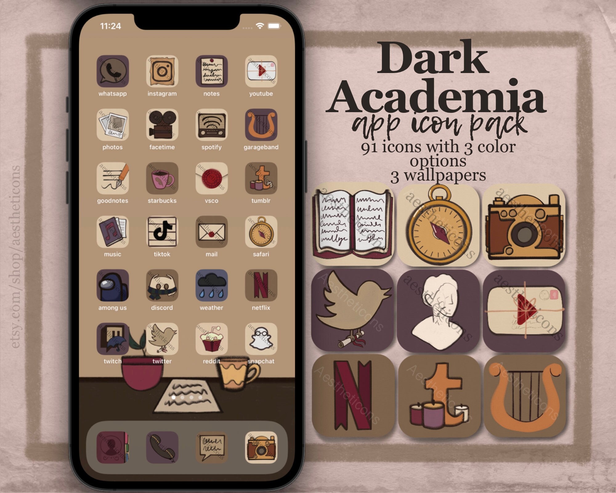Dark Academia Aesthetic App Icons iOS 14 iPhone Android Etsy
