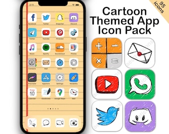 Cartoon App Icon Pack – Hand-Drawn iOS & Android Home Screen Theme | Digital Download