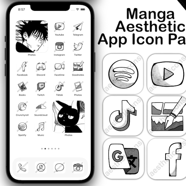Manga Aesthetic App Icons, iOS 16, iOS 17, iPhone, iPad, Android icons, manga aesthetic home screen icon pack