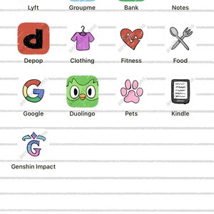 May include: A screenshot of a mobile phone screen with a white background and gray horizontal lines. The screen shows a grid of 12 app icons with names such as Waze, Dropbox, Chase, Yelp, Lyft, Groupme, Bank, Notes, Depop, Clothing, Fitness, Food, Google, Duolingo, Pets, Kindle, and Genshin Impact. Below the grid of icons are five gray dots, and below that are three more icons: a phone, a speech bubble, and a video camera. The bottom of the screen shows a gray camera icon.