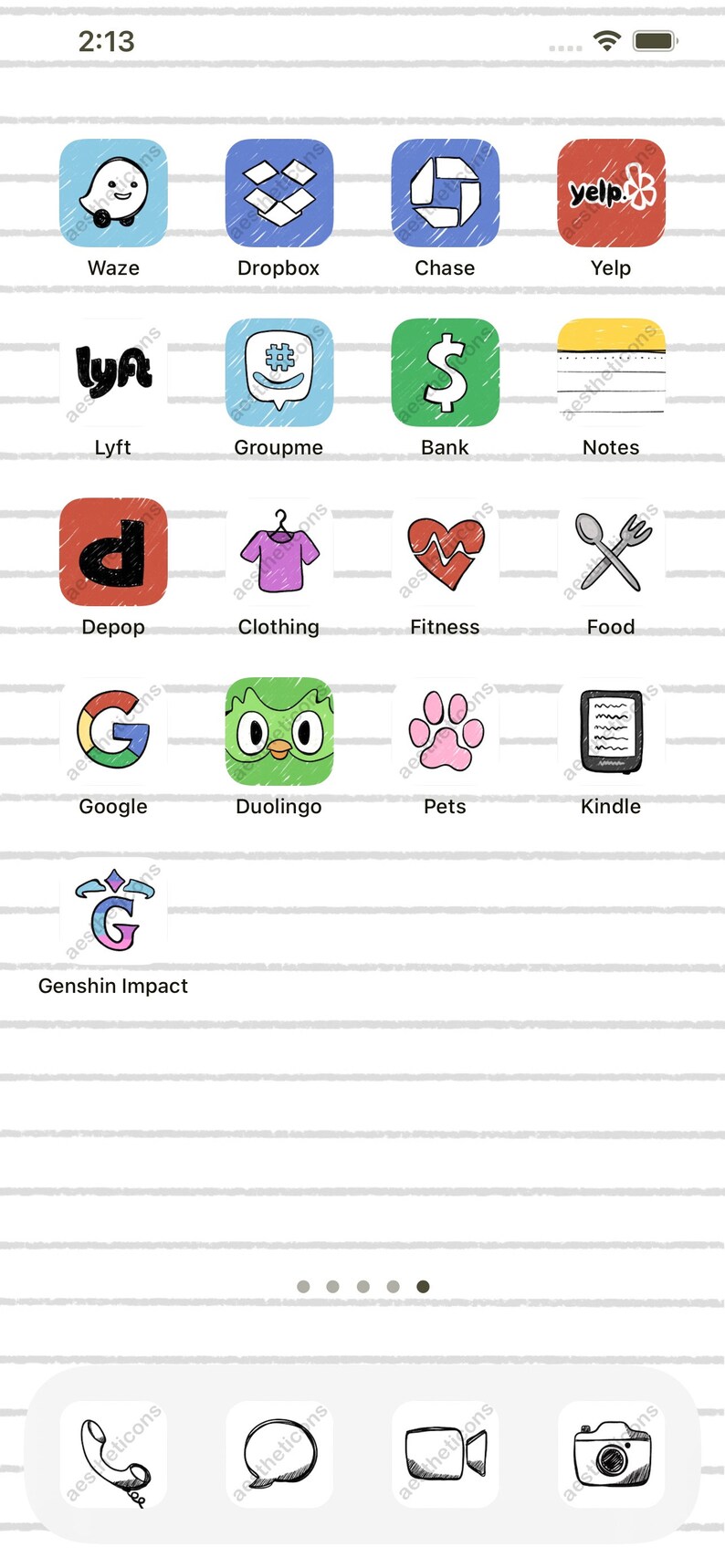 May include: A screenshot of a mobile phone screen with a white background and gray horizontal lines. The screen shows a grid of 12 app icons with names such as Waze, Dropbox, Chase, Yelp, Lyft, Groupme, Bank, Notes, Depop, Clothing, Fitness, Food, Google, Duolingo, Pets, Kindle, and Genshin Impact. Below the grid of icons are five gray dots, and below that are three more icons: a phone, a speech bubble, and a video camera. The bottom of the screen shows a gray camera icon.