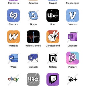 May include: A screenshot of a phone screen showing a grid of app icons. The icons are hand-drawn in a doodle style and include apps such as Etsy, Files, Crunchyroll, Translate, Podcasts, Amazon, Paypal, Messenger, Shazam, Skype, Uber, Venmo, Wattpad, Voice Memos, Garageband, Onenote, Word, Outlook, Notion, Picsart, Ebay, Hbo, Twitch, Disney+, Phone, Message, and Camera.