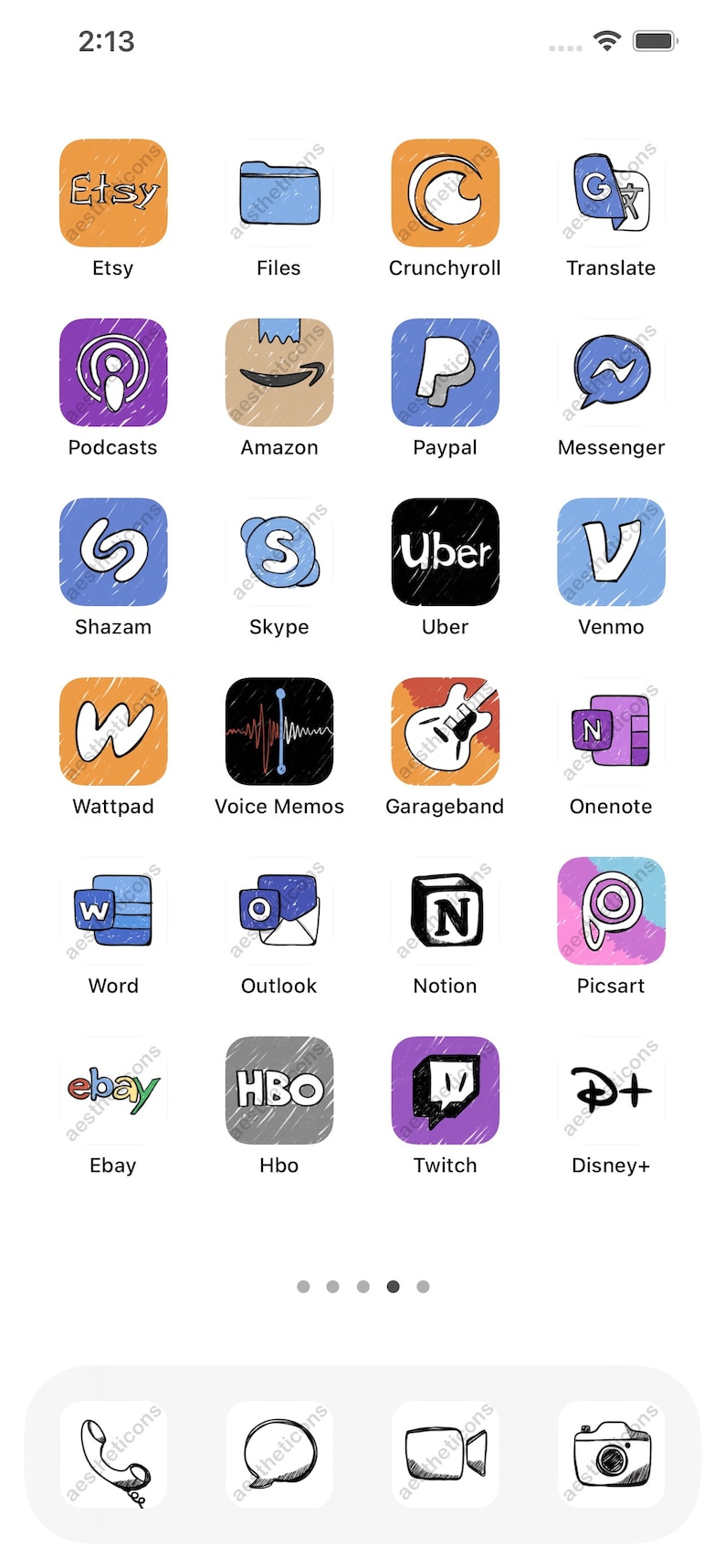 May include: A screenshot of a phone screen showing a grid of app icons. The icons are hand-drawn in a doodle style and include apps such as Etsy, Files, Crunchyroll, Translate, Podcasts, Amazon, Paypal, Messenger, Shazam, Skype, Uber, Venmo, Wattpad, Voice Memos, Garageband, Onenote, Word, Outlook, Notion, Picsart, Ebay, Hbo, Twitch, Disney+, Phone, Message, and Camera.