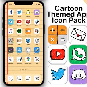 May include: A cartoon-themed app icon pack with 95 icons. The icons are in a grid of 6, with each icon representing a different app. The icons are drawn in a cartoon style with bright colors and simple lines. The icons include a calculator, an email, a play button, a phone, a bird, and a ghost. The text 'Cartoon Themed App Icon Pack' is at the top of the image, and the number '95 icons' is at the top right corner of the image.