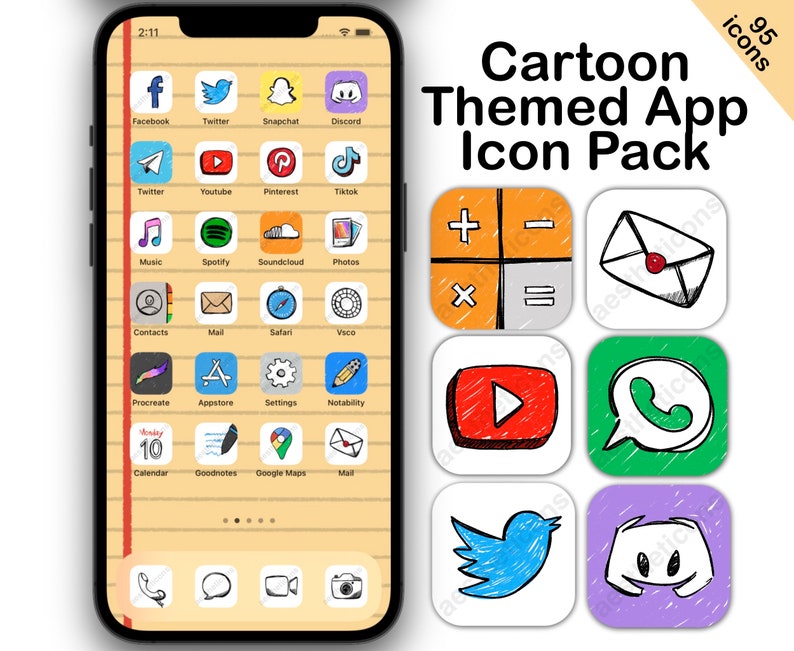 May include: A cartoon-themed app icon pack with 95 icons. The icons are in a grid of 6, with each icon representing a different app. The icons are drawn in a cartoon style with bright colors and simple lines. The icons include a calculator, an email, a play button, a phone, a bird, and a ghost. The text 'Cartoon Themed App Icon Pack' is at the top of the image, and the number '95 icons' is at the top right corner of the image.