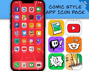 Comic, Pop Art Aesthetic App Icons, iOS 16, iOS 17, iPhone, iPad, Android icons, hand drawn icon pack