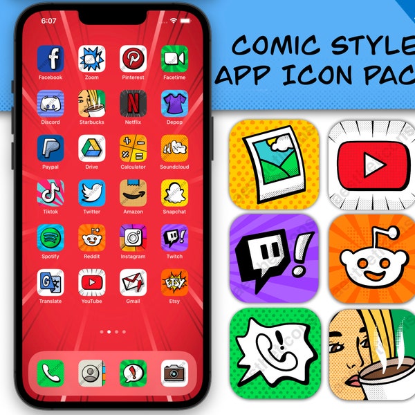 Comic, Pop Art Aesthetic App Icons, iOS 16, iOS 17, iPhone, iPad, Android icons, hand drawn icon pack