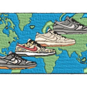 May include: A rectangular embroidered patch featuring a world map background in green and blue. Four distinct sneakers are layered across the map, including a black and white shoe, a patterned shoe with a red swoosh, a beige shoe, and a grey shoe.
